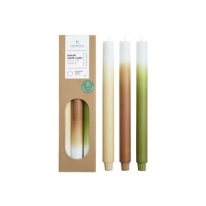 Juego de 3 velas degradadas beige, camel, verde 30cm
