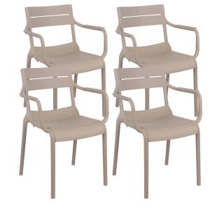 Juego de 4 sillones de terraza de plástico beige.