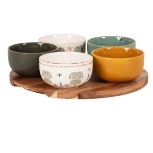 Juego de 5 cuencos de cerámica de colores y bandeja de acac…