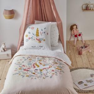 Juego de cama infantil de algodón estampado rosa Unicornio