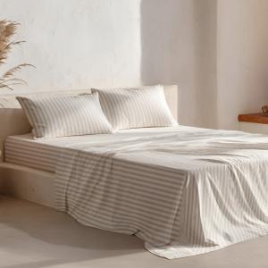 Juego de sábanas 100% algodón suave rayas beige cama 90 cm