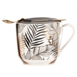 Juego de taza de porcelana estampada y cuchara de metal dor…