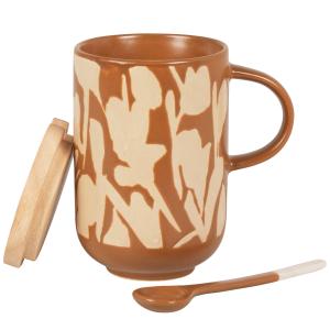 Juego de taza y cuchara de cerámica marrón