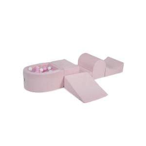 Juegos de espuma con piscina de bolas rosas pastel y blancas