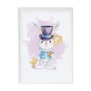Lámina conejo llave enmarcada madera blanca 43X33 cm