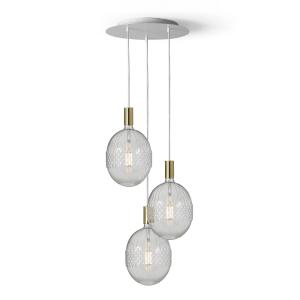 Lámpara colgante blanca/dorada con 3 bombillas de cristal