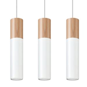 Lámpara colgante madera natural, blanca acero  alt. 90 cm