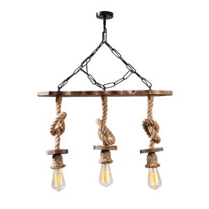 Lámpara colgante rústica de 3 lámparas, cuerdas y madera