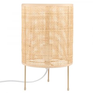 Lámpara con rejilla de bambú y metal dorado