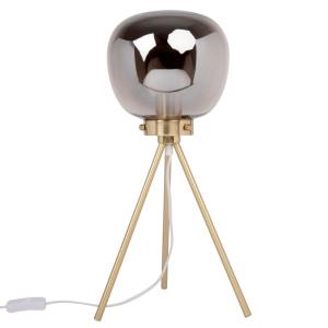 Lámpara con trípode de metal dorado y pantalla de cristal