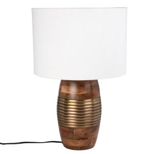 Lámpara de acacia y metal dorado con pantalla blanca