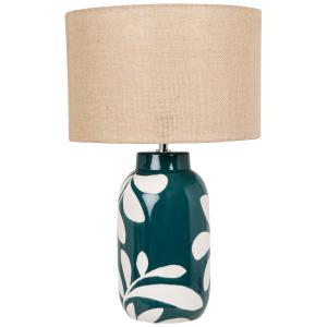 Lámpara de cerámica azul y beige con pantalla de yute