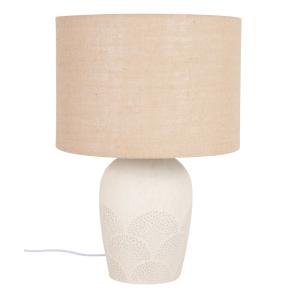 Lámpara de cerámica beige con pantalla de tela de yute aren…