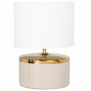 Lámpara de cerámica beige y hierro dorado con pantalla de a…