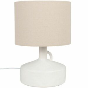 Lámpara de cerámica blanca con pantalla de algodón beige