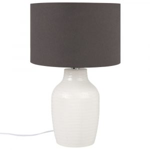 Lámpara de cerámica blanca con pantalla de algodón gris