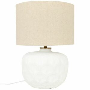 Lámpara de cerámica blanca con pantalla de lino gris topo