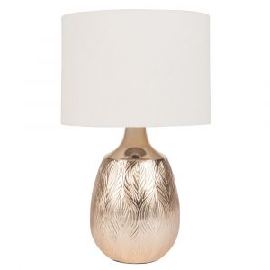 Lámpara de cerámica dorada con hojas grabadas y pantalla co…