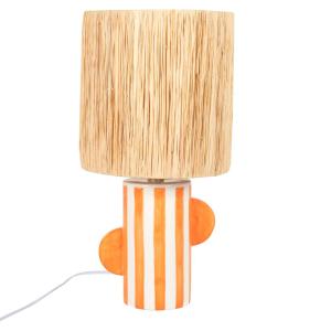 Lámpara de cerámica naranja y blanca con pantalla de rafia
