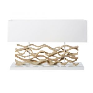 Lámpara de madera de deriva con pantalla blanca