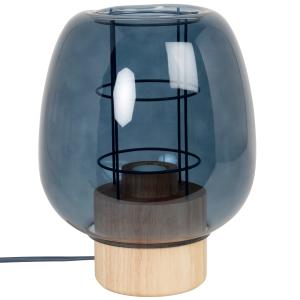Lámpara de madera de hevea y cristal soplado azul