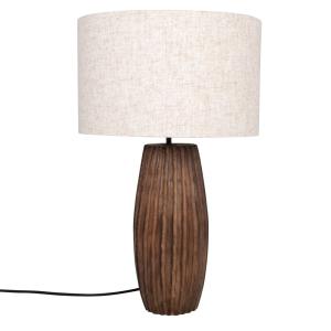 Lámpara de madera marrón con pantalla de lino beige