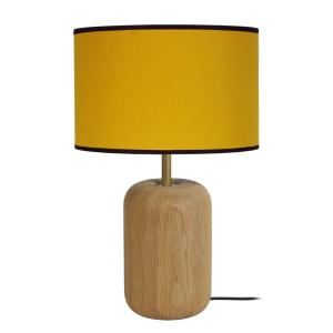 Lámpara de mesa columna madera pantalla amarillo mostaza