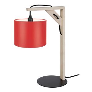 Lámpara de mesa madera natural metal negro pantalla rojo