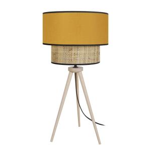 Lámpara de mesa madera natural pantalla amarillo mostaza