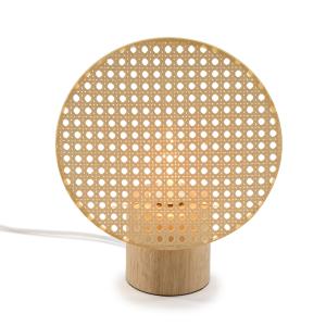Lámpara de mesa taco madera pantalla mimbre.