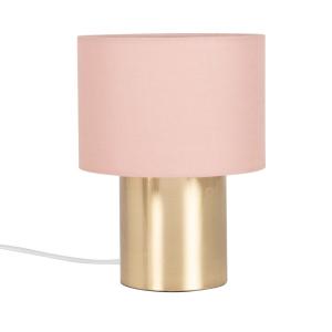 Lámpara de metal dorado y pantalla de algodón rosa