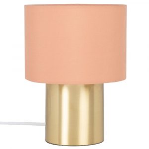 Lámpara de metal dorado y pantalla de algodón rosa