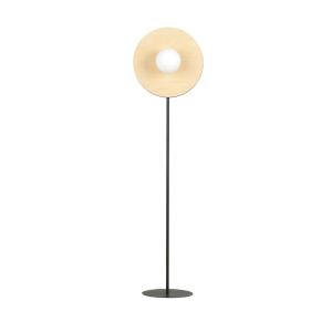 Lámpara de pie circular con pieza efecto madera y esfera bl…