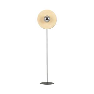 Lámpara de pie circular con pieza efecto madera y esfera ef…
