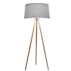 Lámpara de pie de madera con pantalla de tela gris