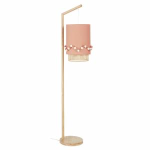 Lámpara de pie de madera de caucho con pantalla rosa con po…