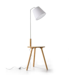 Lámpara de pie tripodal  madera y pantalla textil blanco