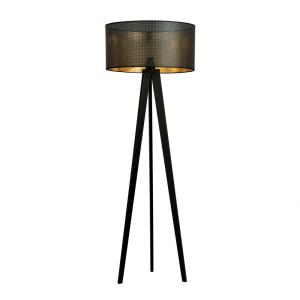 Lámpara de pie trípode de madera con pantalla negro y dorad…