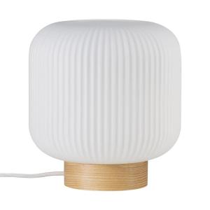 Lámpara de sobremesa con base de madera y tulipa de cristal