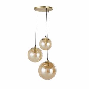 Lámpara de techo con 3 bolas de cristal ámbar y metal dorad…
