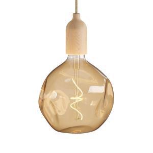 Lámpara de techo con cable textil y acabado en madera natur…