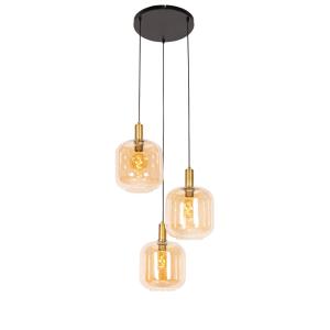 Lámpara de techo negra latón cristal ámbar 3 luces
