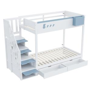 Litera de madera blanca y azul 90x200 cm con almacenaje y 2…