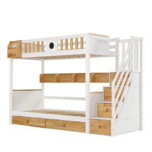 Litera de madera blanca y natural de 90 x 200 cm con cajones