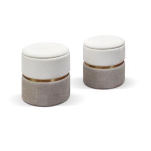 Lote de 2 pufs de tela efecto terciopelo blanco y color tór…