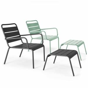 Lote de 2 sillones con reposapiés de metal gris y verde sal…