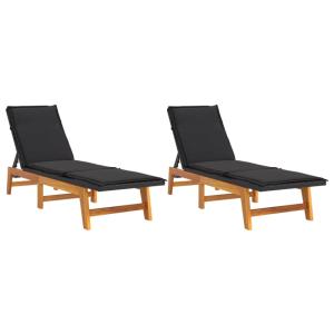 Lote de 2 tumbonas con cojines madera negro 200 x 54 x 87 cm