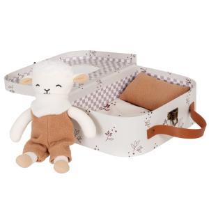 Maletín con muñeco oveja y almohada blanco roto y marrón