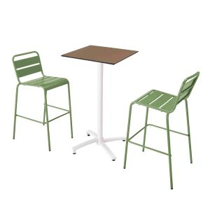 Mesa alta de conjunto en color topo y 2 sillas altas verde…