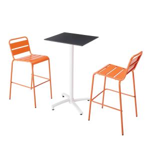 Mesa alta de conjunto en negro y 2 sillas altas en naranja